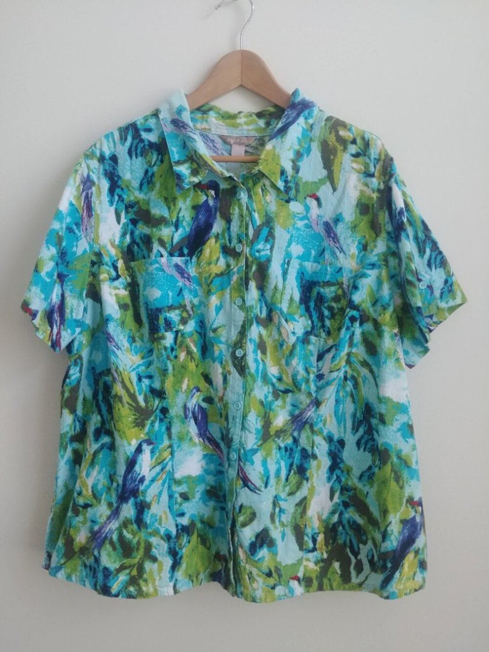 White Stag 3X 100% cotton short sleeve button up blouse shirt top blue birds